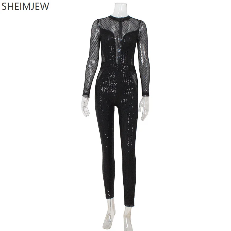 Moda feminina sexy clube malha emenda macacão palco cosplay lantejoulas manga longa magro transparente macacão feminino streetwear