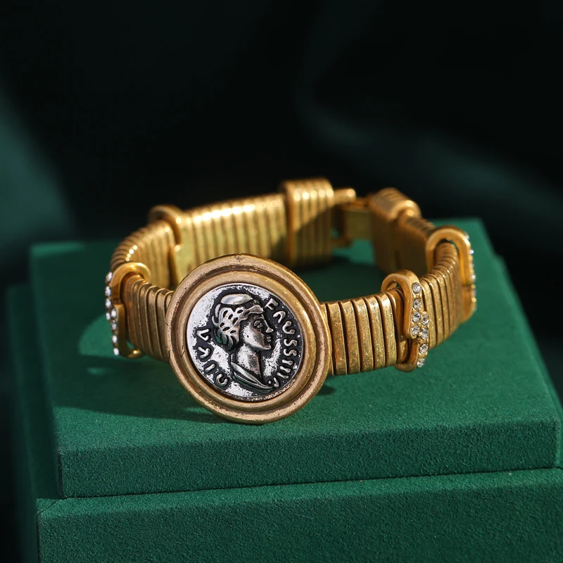 Vintage Antique Coin Figurine Bracelet Gold Color Bangle Watch Strap Designer Antique Jewelry for Woman Accessories Luxury New