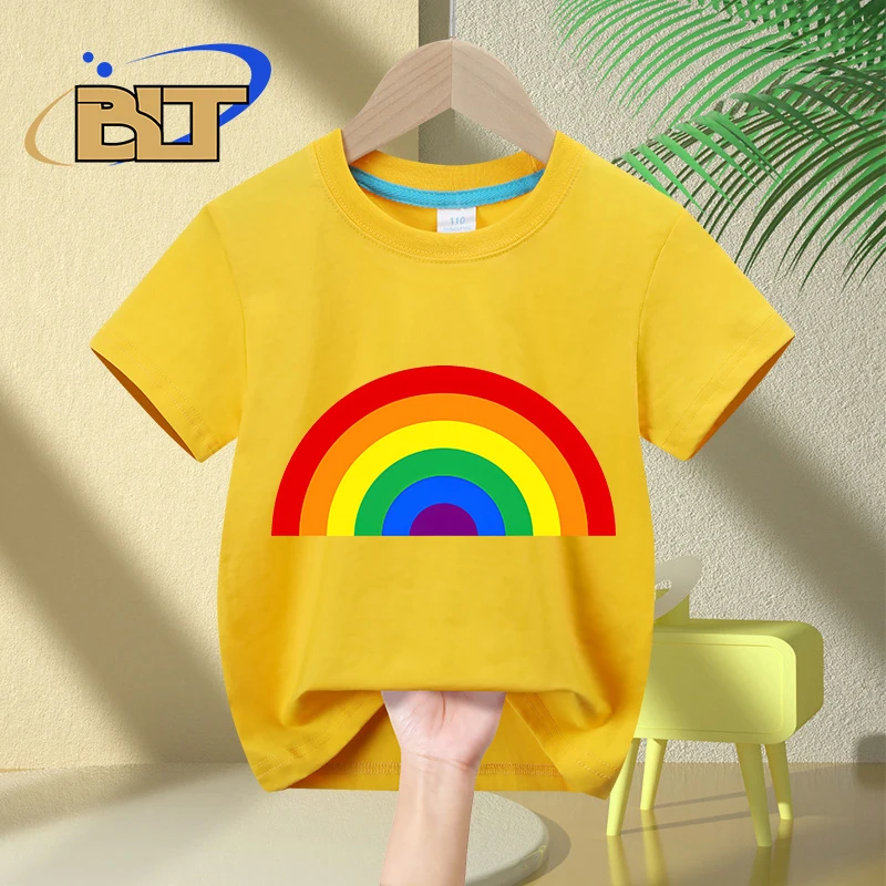 Das Regenbogen bedruckte Kinder T-Shirt Sommer Kinder reine Baumwolle kurz ärmel ige lässige Tops Jungen und Mädchen Geschenke