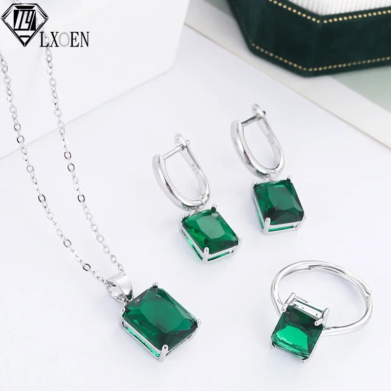 LXOEN Luxury Original Green Earrings Silver Gold Plated Jewelry Sets Fashion Women Bridal Square-shaped Stone Necklace Ring Sets