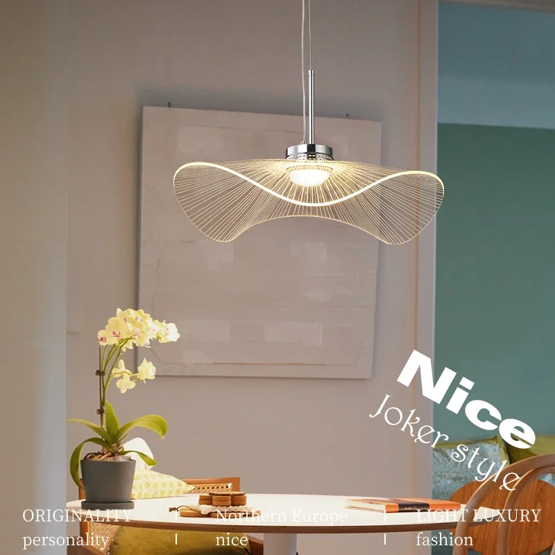 Nordic Restaurant Chandelier Simple Modern Creative Art Lotus Leaf Straw Hat Lamp Designer Cream Wind