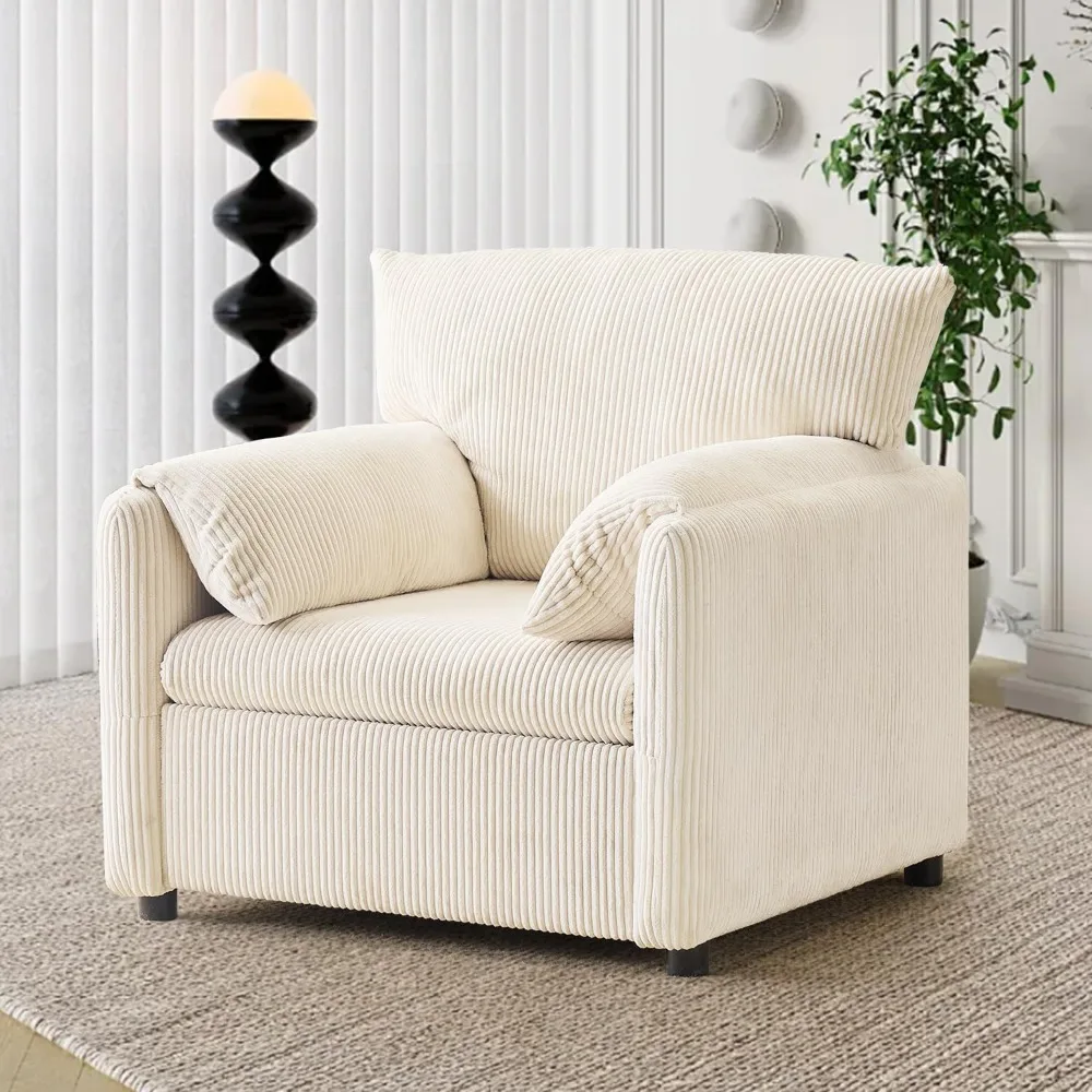 

modern corduroy upholstered single sofa chair with oversized armrest and side pocket for comfortable reading and living room use