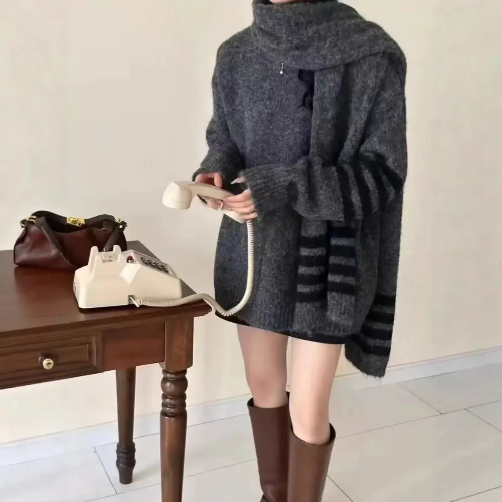 

Korean Style Lazy Scarf Loose Casual Knitted Sweater Trendy Autumn Winter New Hooded Women's Fashion Open Cardigan