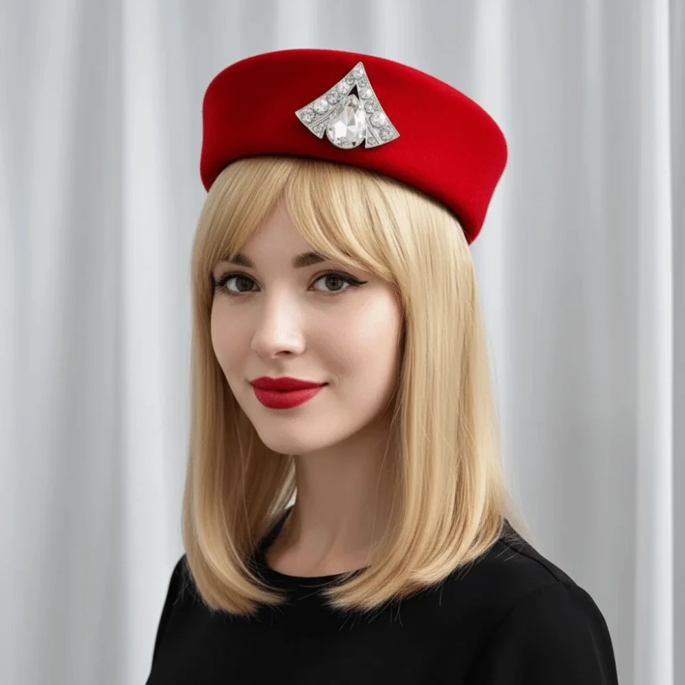 Tropfenförmiger Hut, Vintage-Topper-Hut, Strass, Retro-Filz, Baskenmütze, Charm, einfarbig, Stewardess-Kappen, Bankett