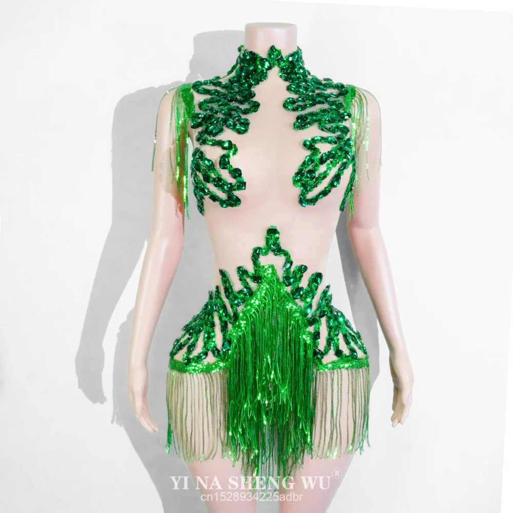 Sexy Mesh Sheer Black Strass Strass Body Cantante Ballerino Spettacolo Abito da palcoscenico Festeggia l'abbigliamento da ballo per feste