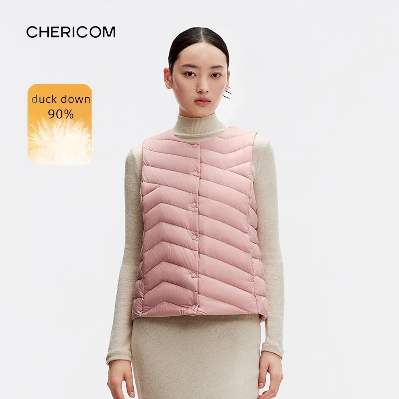 

Chericom легкий пуховый жилет женский зимний теплый круглый вырез короткий пуховик без рукавов офисный женский базовый повседневный жилет Y289902N