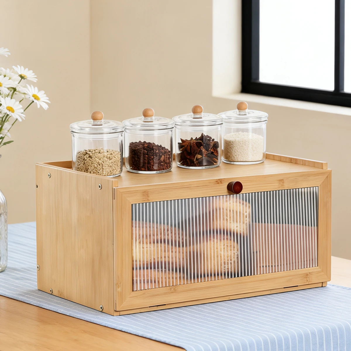 

1pc Double-Layer Bamboo Bread Box For Kitchen & Dining Area, Multi-Functional Food Storage.