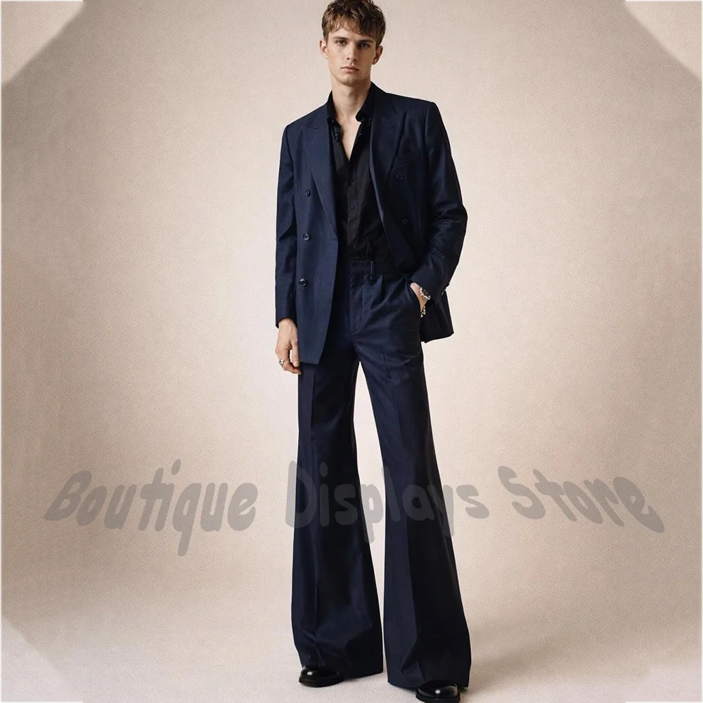 

Navy Blue 2 piece Set Men's Suit Original Luxury Double Breasted Flared Trousers Business Party Prom Formal Attire High Quality