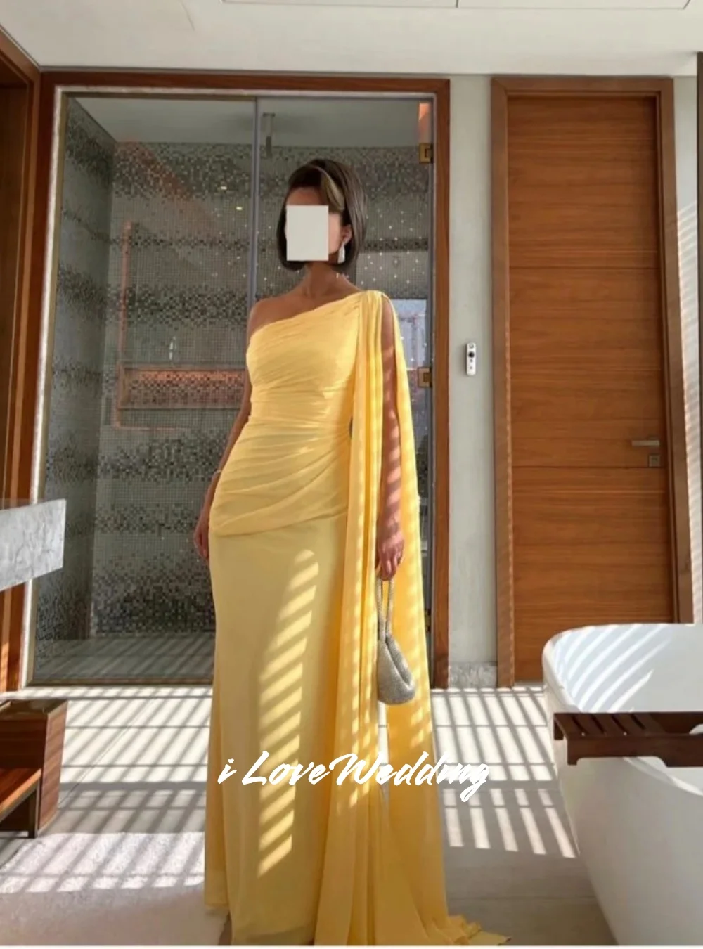 

Light Yellow One Shoulder Evening Dress 2025 Chiffon Sleeveless Pleated Mermaid Floor-Length Slim Wedding Guest Dress Customized