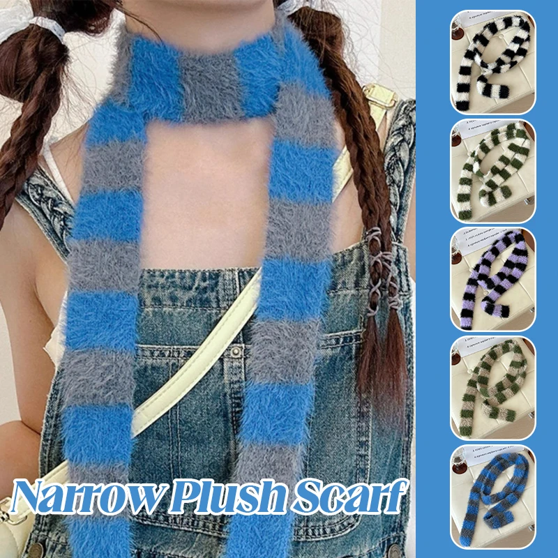 Y2K Fashion Striped Plush Scarf Women\'s Niche Design Sense Spice Girl Versatile Decoration Korean Version Narrow Small Scarf