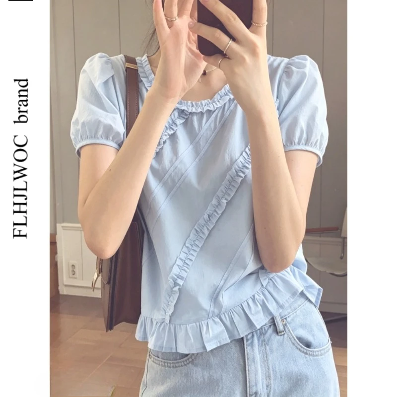 

Ruffles Lace Tops Blouses 2026 Summer Short Sleeve Cute Sweet Girls Japanese Design Short Sleeve Solid Retro Light Blue Shirts