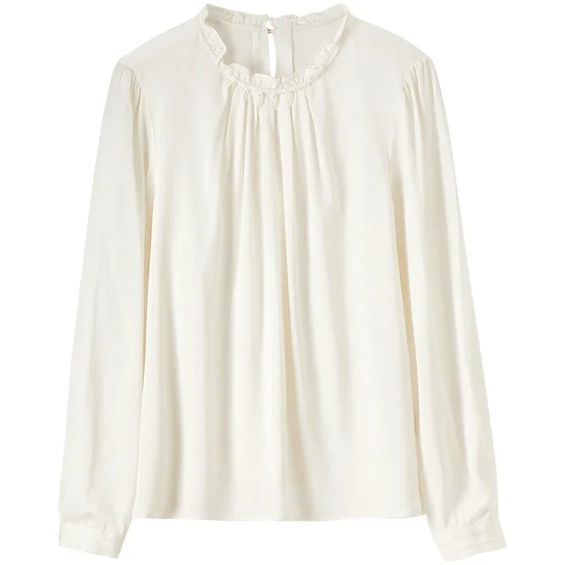 SENTUBILA Elegante weiße Bluse für Frauen 2025, Herbst, Frühling, Chiffon, Rüschen, lange Ärmel, Damenoberteile, Damenbekleidung 143 V55694