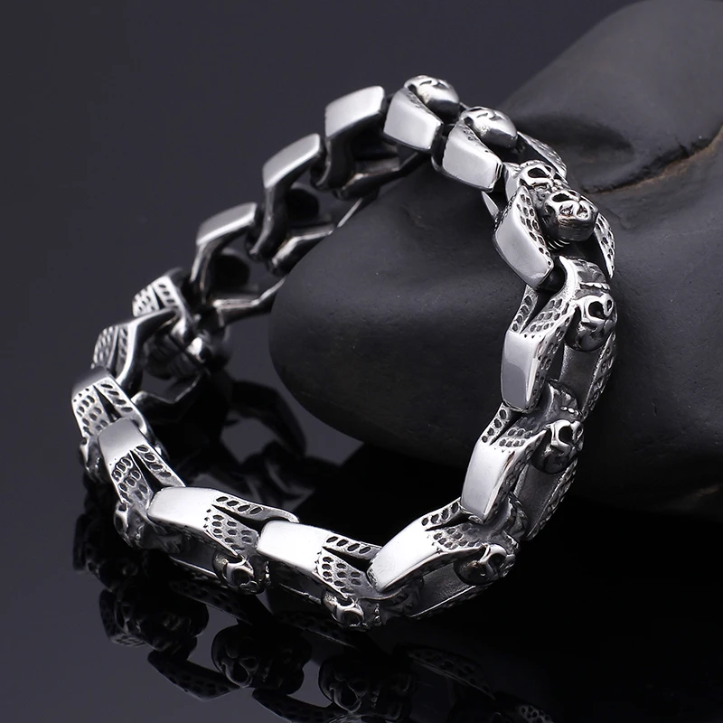 Fongten 22cm Punk Men Bracelet Stainless Steel Skull Wristband Charm Chain Bracelets Bangle Silver Color Gothic Jewelry