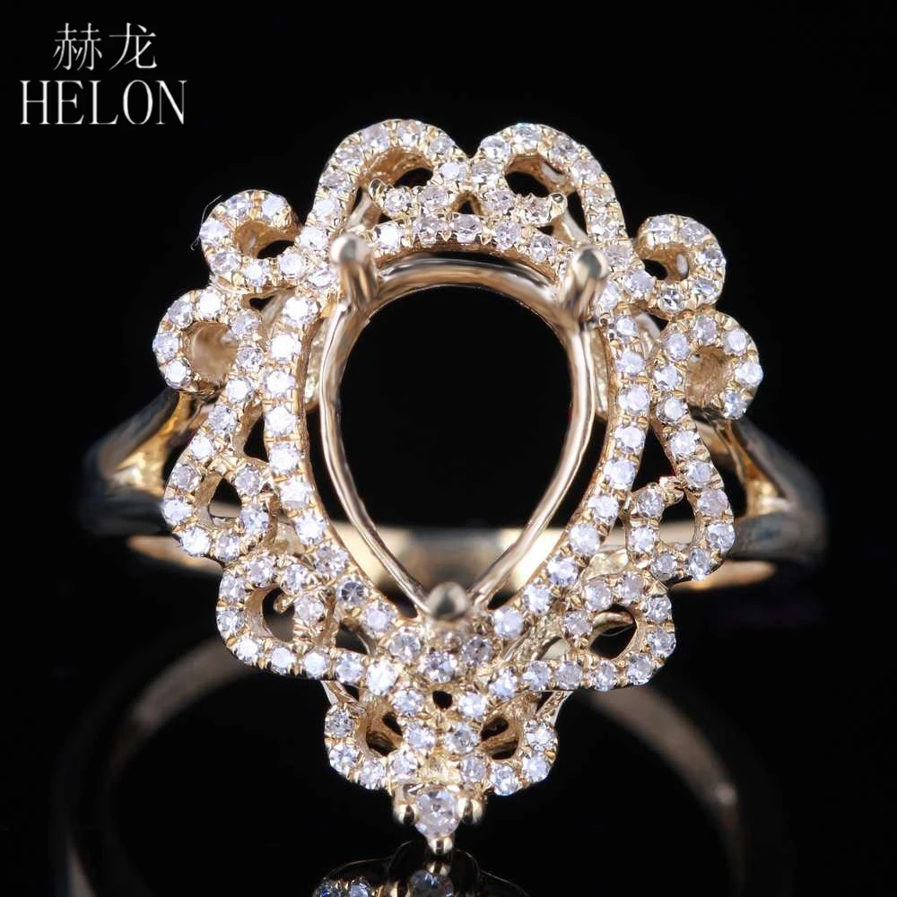 

HELON Pear Cut 10x7mm Solid 14K 10k Yellow Gold Natural Diamond Semi Mount Engagement Wedding Ring Women Vintage Fine Jewelry