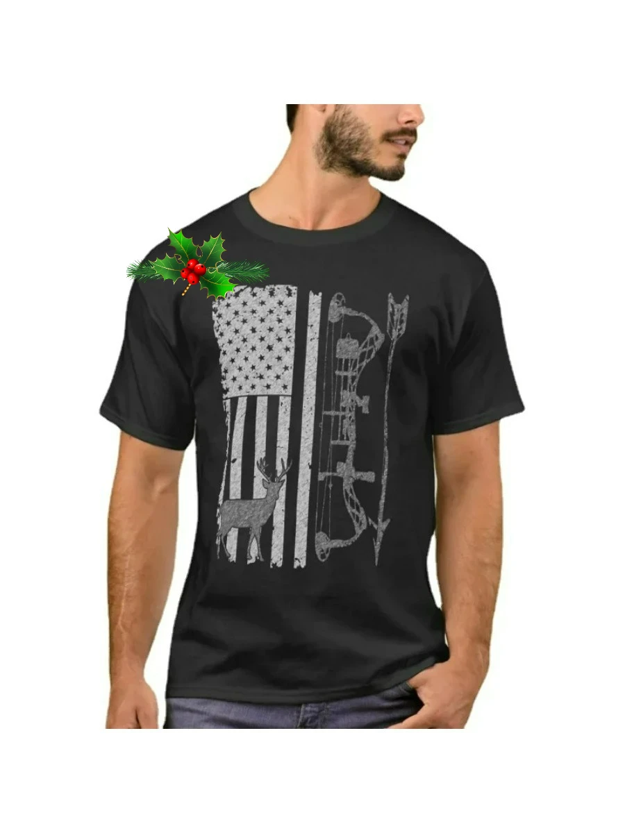 American Deer Hunting Flag Bow Hunter Archery T-Shirt 100% Cotton O-Neck Summer Short Sleeve Casual Mens T-shirt Size S-3XL