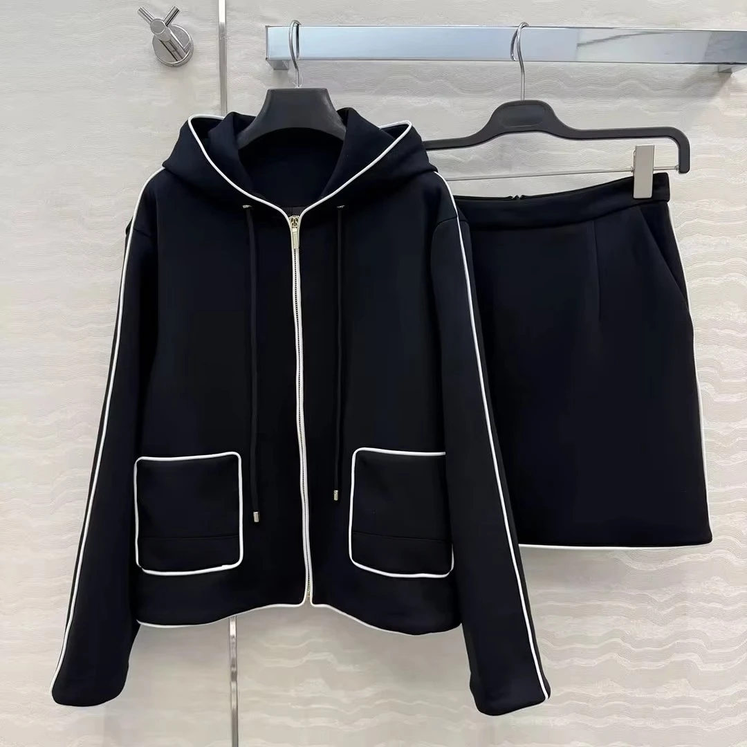 2026 New Autumn Fashion Chic Hooded Zipper Long Sleeve Loose Sweatshirt Jacket With Skirt Solid Color Casual 2 Pieces Set