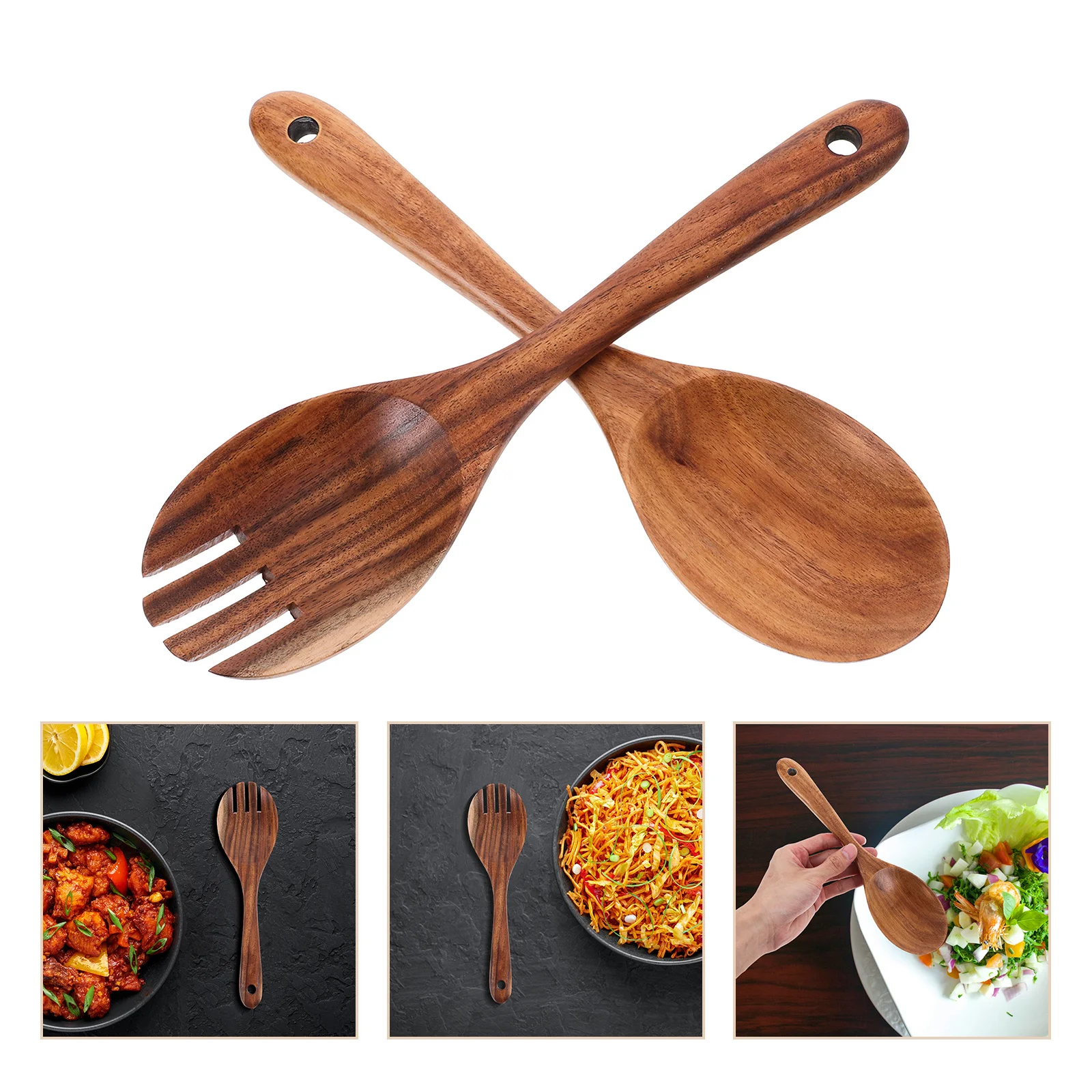 

1Set Acacia Wood Salad Servers Long Handle Fork Spoon Set Mixing Tossing Serving Kitchen Utensils Wooden Spoons