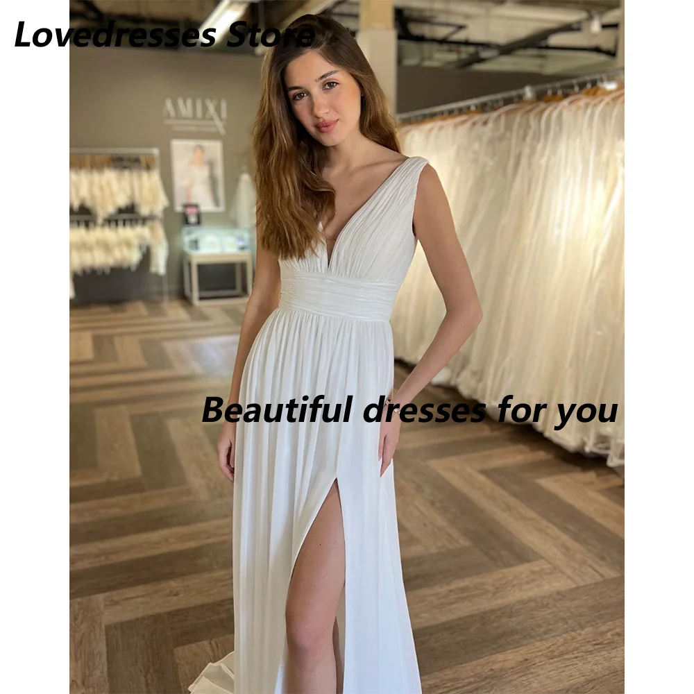 Vestido de novia de gasa de verano, manga casquillo personalizada, cuello en V, abertura en el muslo Simple, corte en A, cola de corte, vestido de novia 2025