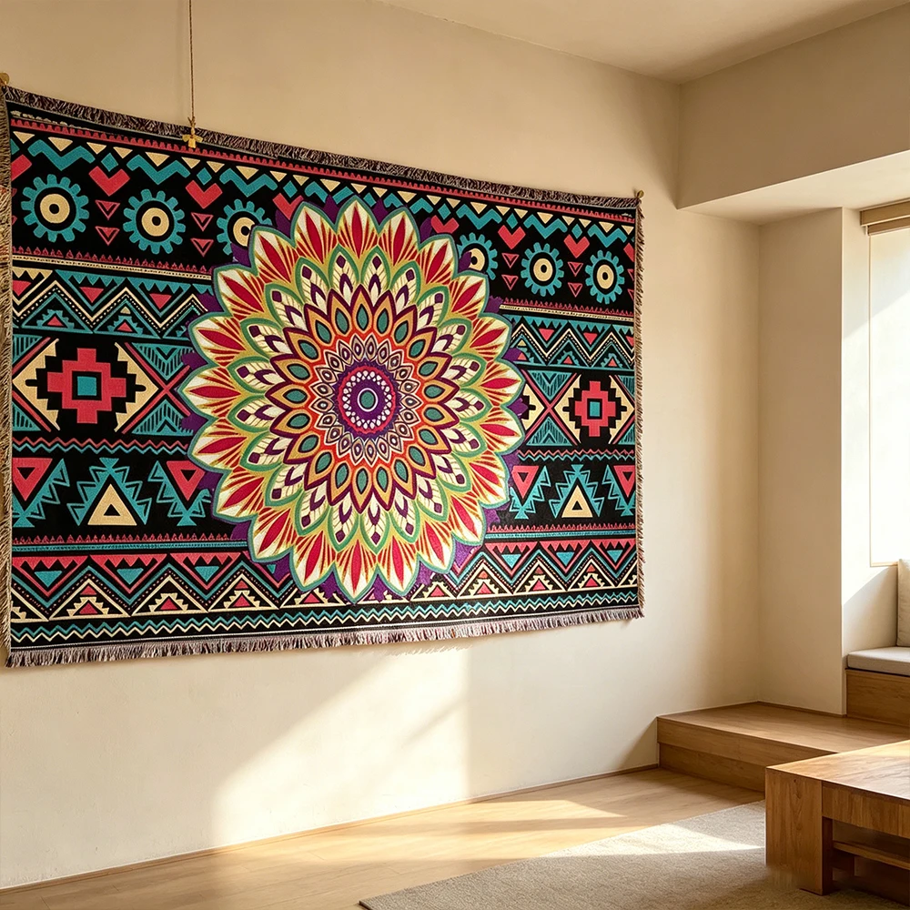 Bohemian Mandala Floral Wall Tapestry, Retro Ethnic Aztec Geometric Print Wall Hanging, Psychedelic Hippie Style Art Tapestry fo