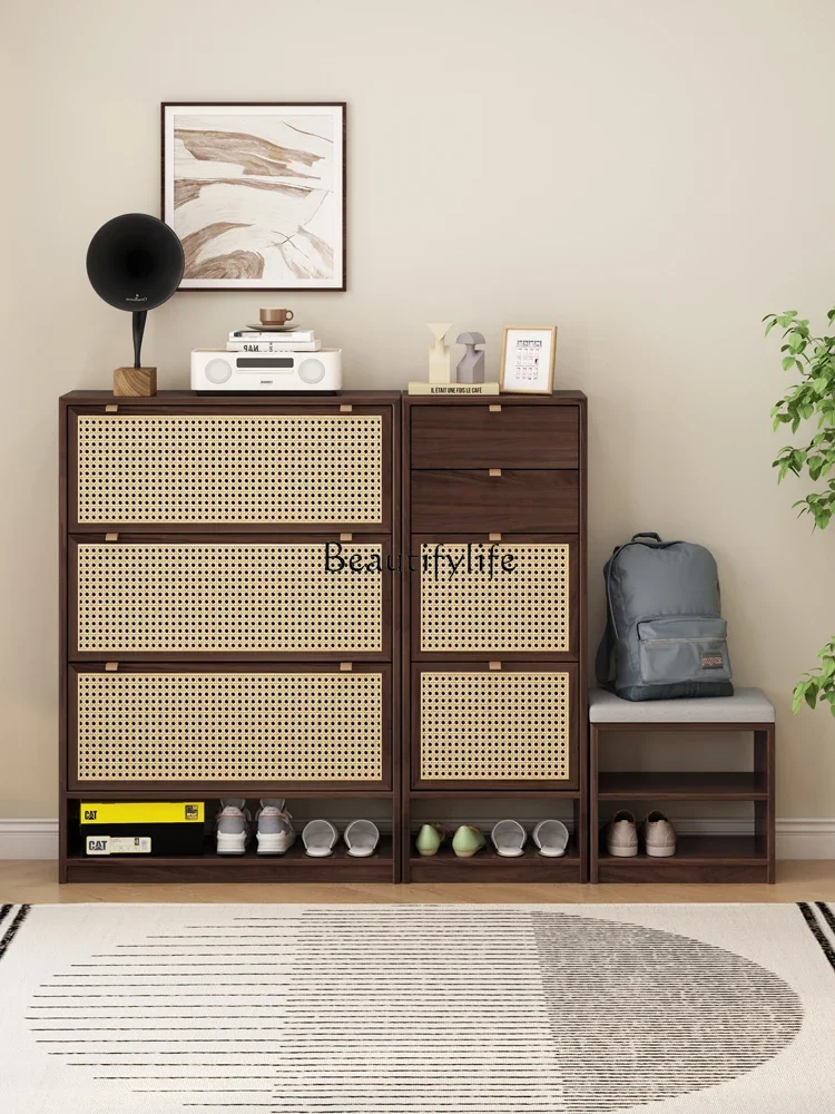 

03lJapanese-Style Simple Rattan Shoe Cabinet Solid Wood Home Doorway Ultra-Thin Entrance Cabinet