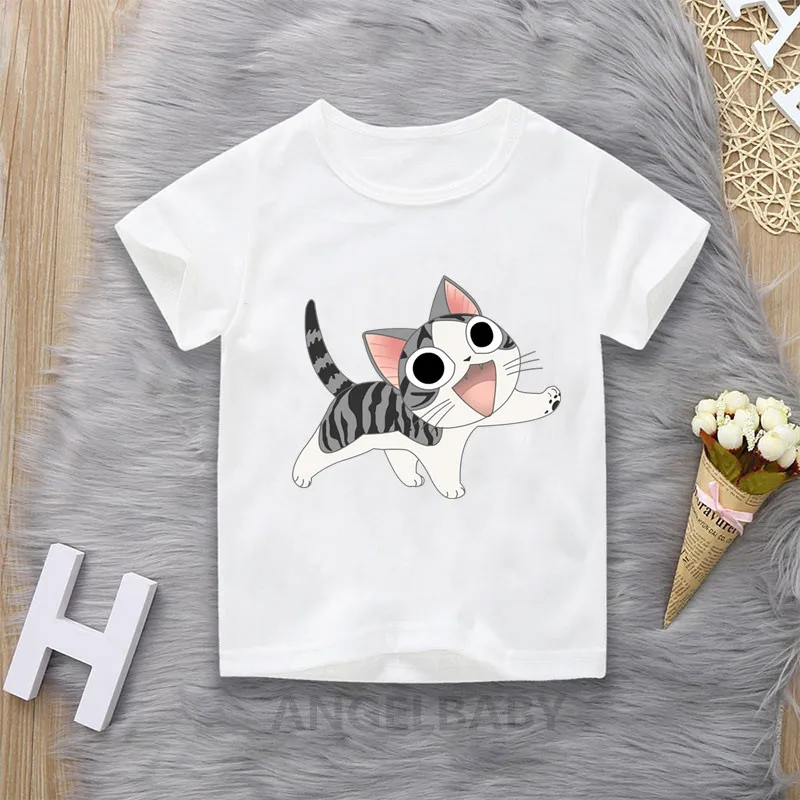 Camiseta de dibujos animados de gato Kawaii para niños, Tops bonitos de verano para niñas, ropa para bebés, camiseta de manga corta divertida para