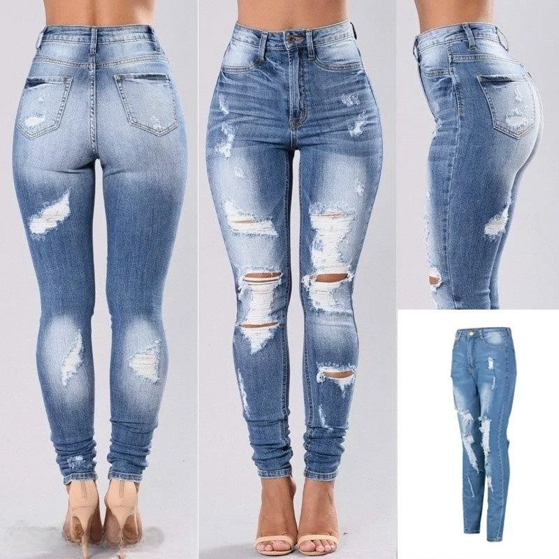 

Slim Fit Denim Jeans Women's High Waist Long Pants Torn Hole Elastic Skinny Jeans Casual Sle Spring Season Faion Trend
