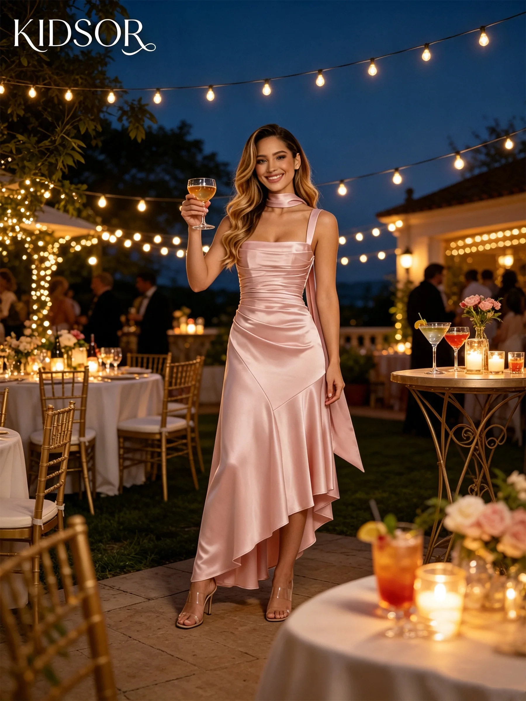 KIDSOR Asymmetrical Satin Cocktail Dresses 2026 Square Neck Ruched Formal Dress with Scarf High Low Elegant Evening Gown S09