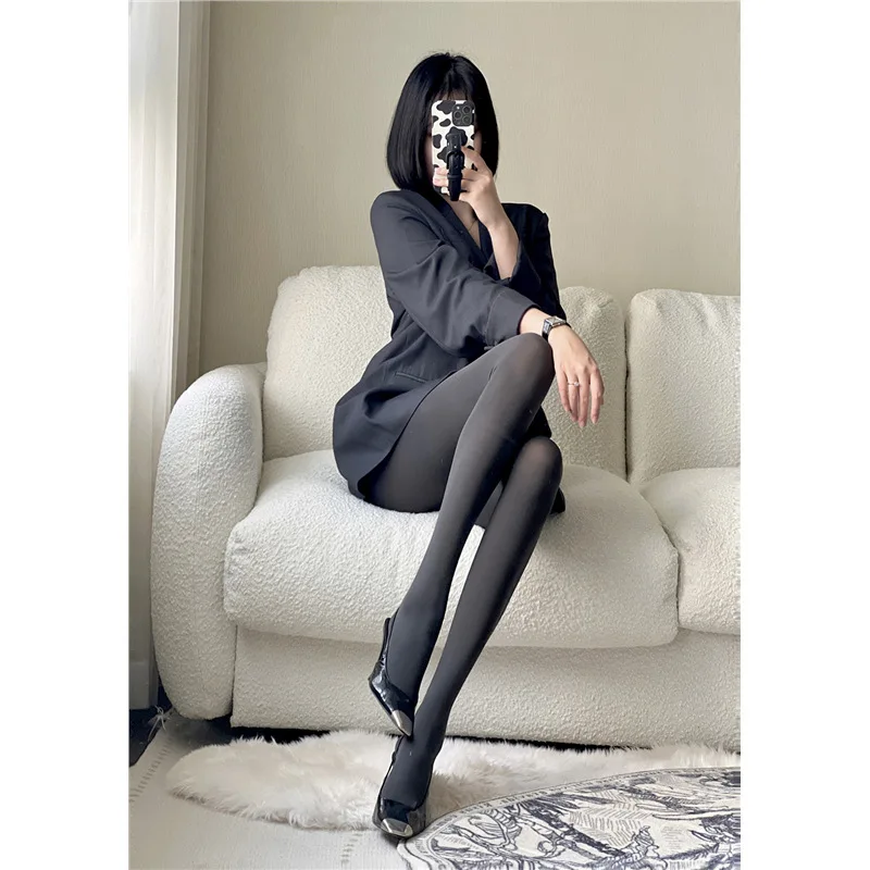 Women's Grey Velvet Tights & Matte Black Sheer Stockings Set - High Elastic Waist for Spring/Autumn | Opaque & Breathable