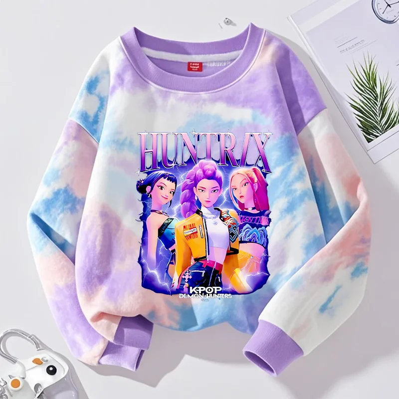 

Толстовка KPop Demon Hunters Huntrix с героями мультфильмов, весенне-осенняя одежда, универсальные трендовые топы с длинными рукавами для девочек с принтом тай-дай