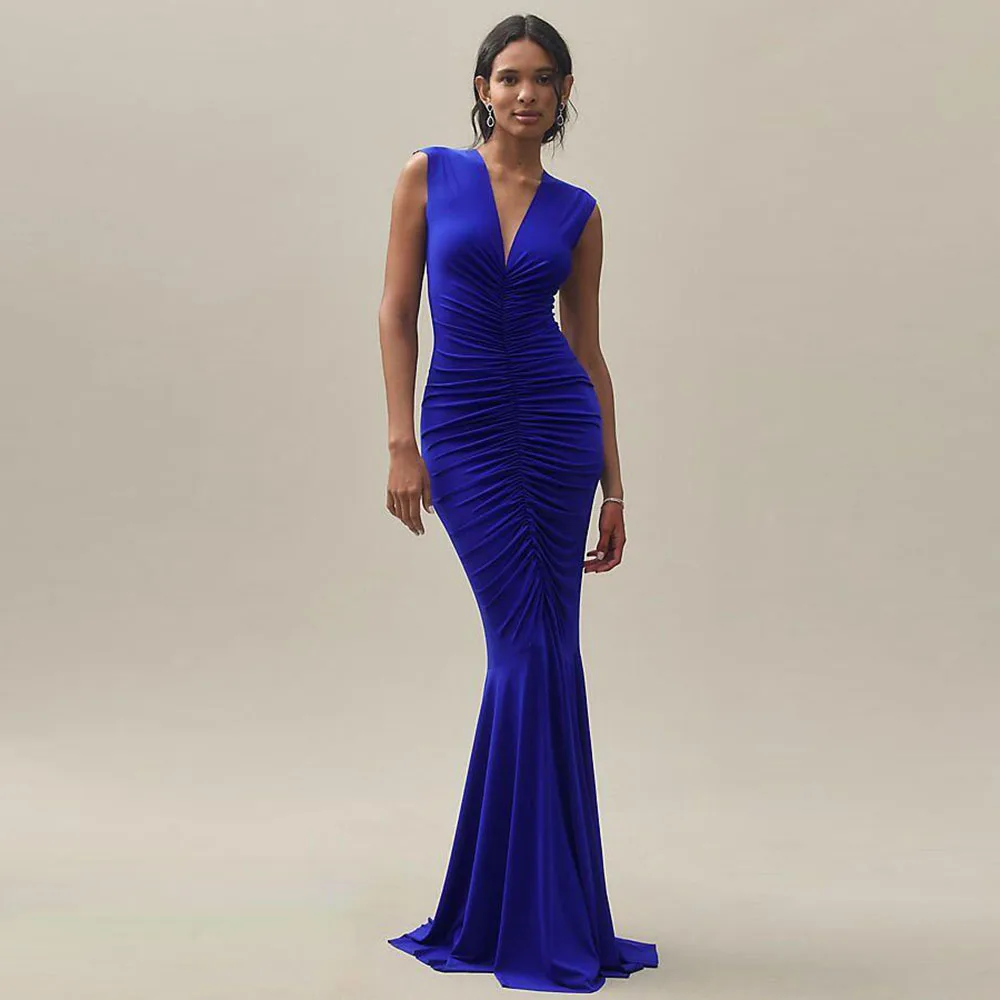 

Blue Evening Dresses Women V Neck Sleeveless High Quality Customize Design Mermaid Floor Length Sweep Train Female Gowns Simple
