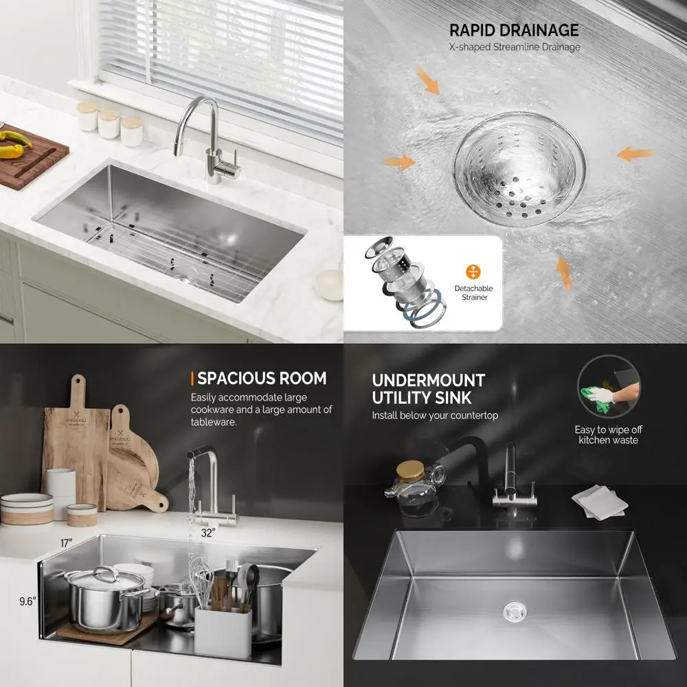 

Stainless Steel Undermount Single Bowl Kitchen Sink, 32x19x10 Utility Farmhouse Style Sink, Deep Workstation Sink for Commercial