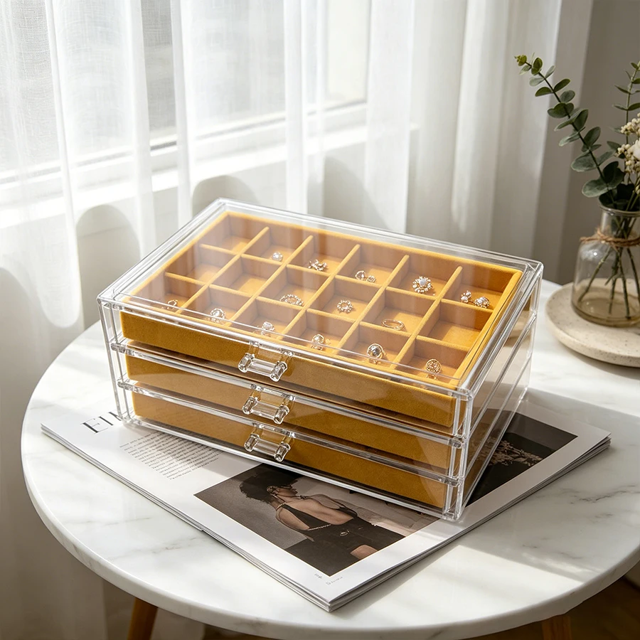 Yellow transparent jewelry box with 3 layers for organizing jewelry, plush drawer for storing rings and earrings, and desktop st