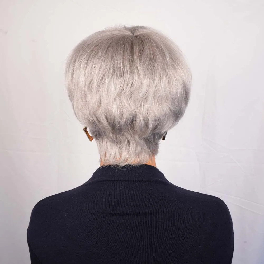 짧은 인모 가발 앞머리 포함 은회색 스트레이트 픽시컷 가발 여성용 레미 인모 기계 제작 가발 일상용