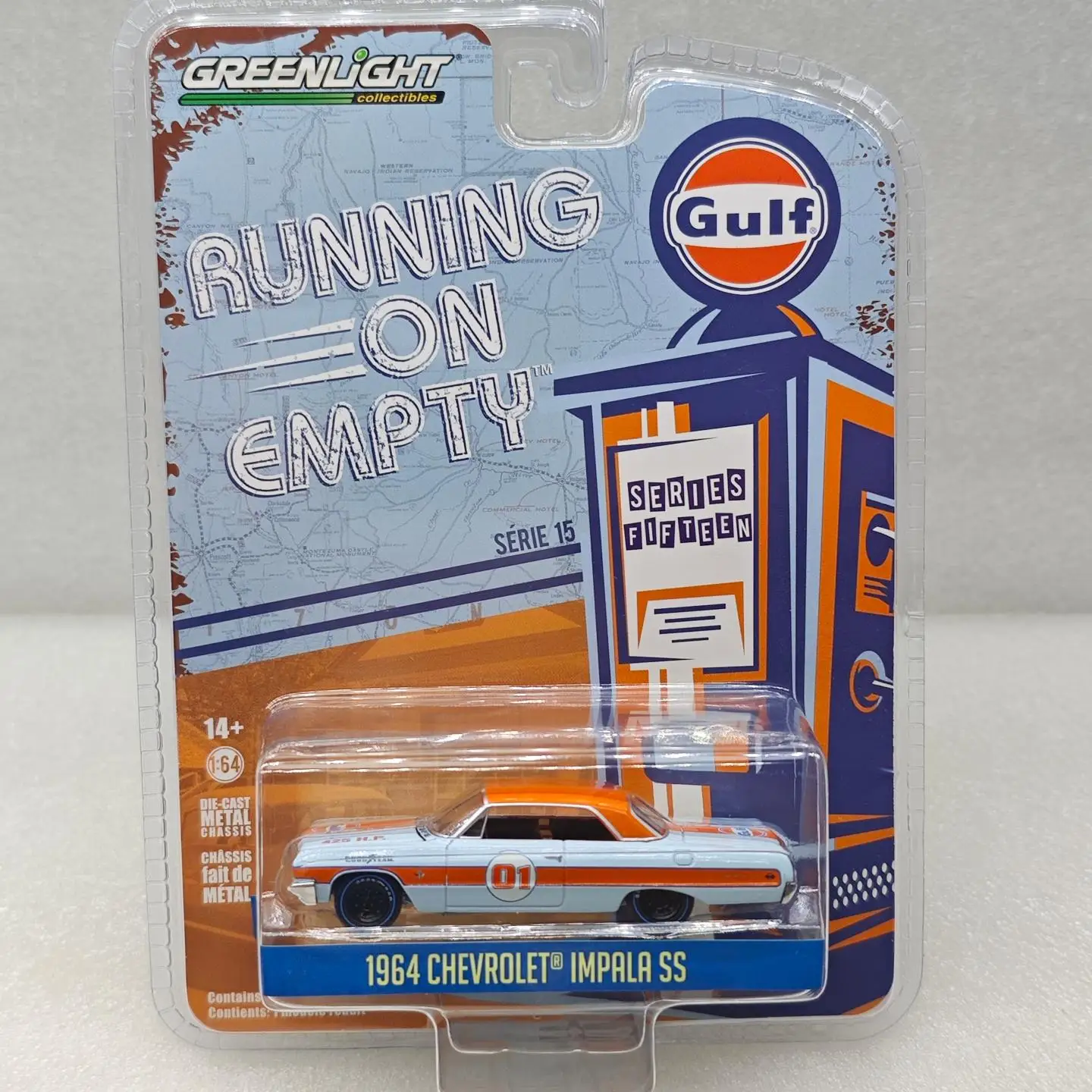 Greenlight 1:64 Running in the Air Series 15-1964 Chevrolet Impala SS-Gulf Oil Alloy diacast cast car model rebound toy