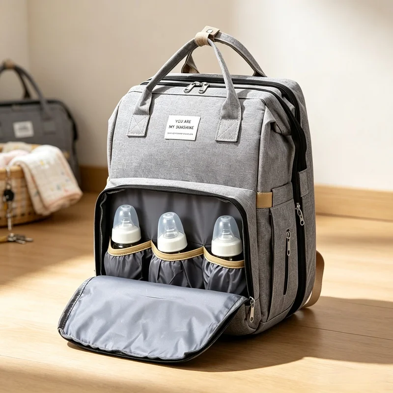 Mochila Dobrável para Fraldas de Bebê, Bolsa de Maternidade de Grande Capacidade com Trocador para Armazenamento de Mamadeiras e Suprimentos Diários para Bebês