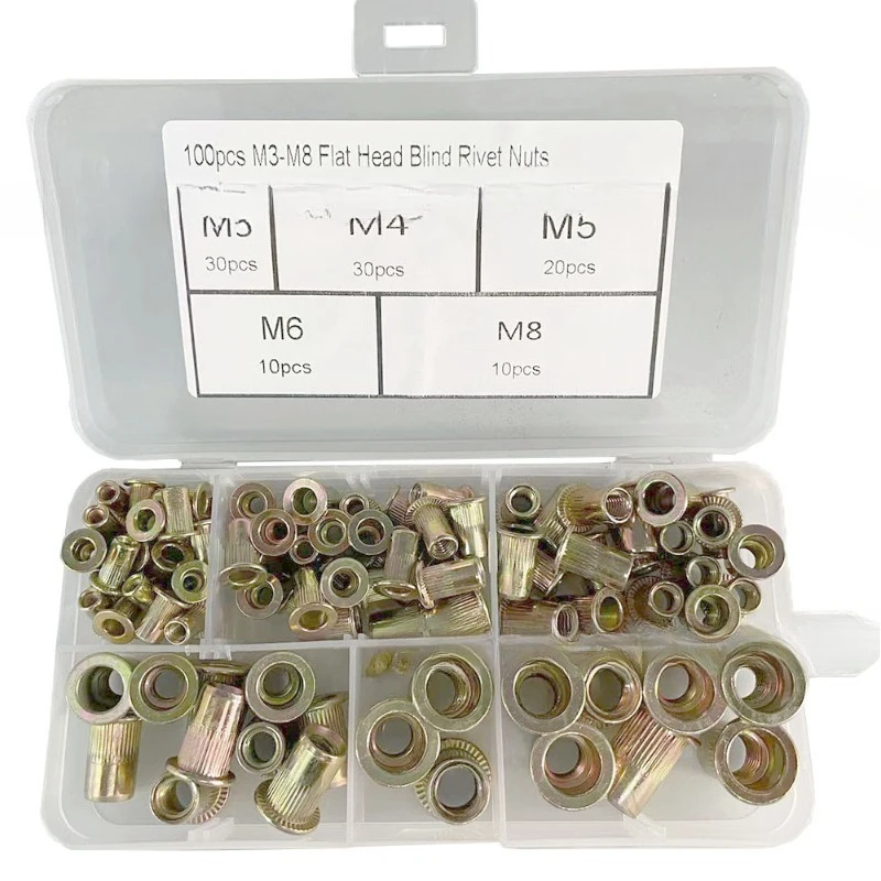 100 قطعة محاصر برأس مسطح عمودي الأخدود المكسرات ، المسامير ، الكربون الصلب اللون-الزنك مطلي برشام أعمى المكسرات M3-M8 مجموعة #1