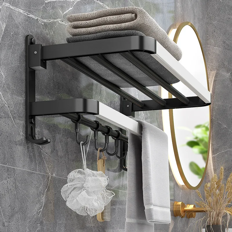 

40-50 CM Towel Rack Folding Holder With Hook Bathroom Accessories Wall Mount Rail Shower Hanger Aluminum Bar Matte Black Shelf