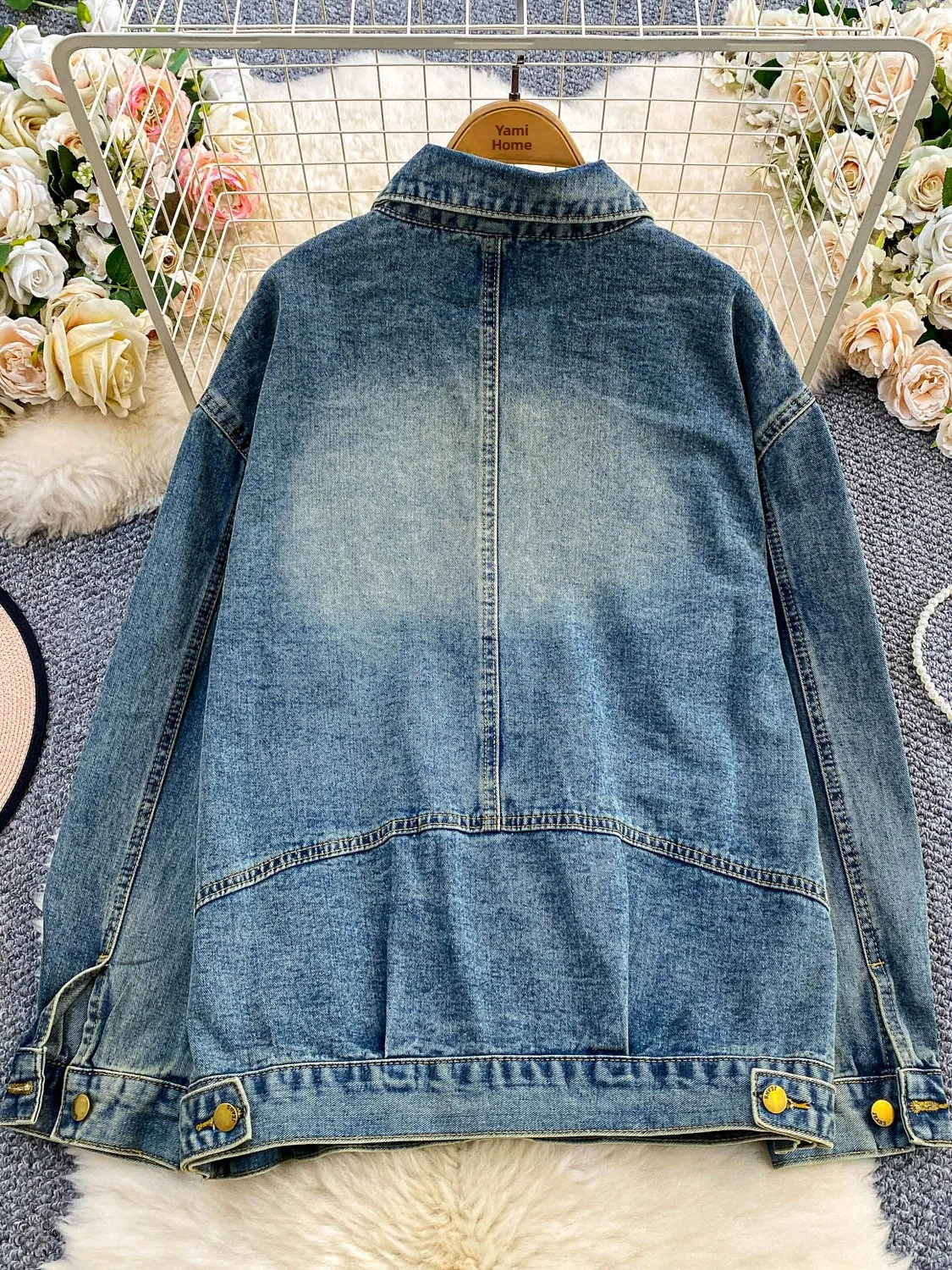 Retro hong kong sle destred azul denim jaet feminino solto emagrecimento topo com boules de metal outono faion outerwear