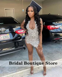 Glitter Silver Diamond Short Prom Dress For Black Girls Beads Crystal Rhinestones Birthday Party Cocktail Senior Homecoming Gown