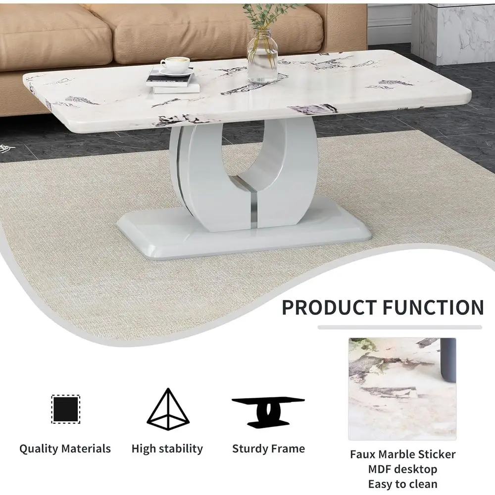 طاولة قهوة حديثة ذات مظهر رخامي مع مساحة تخزين لغرف المعيشة الصغيرة (43.3 لتر × 22.4 وات، أبيض ورمادي) #5