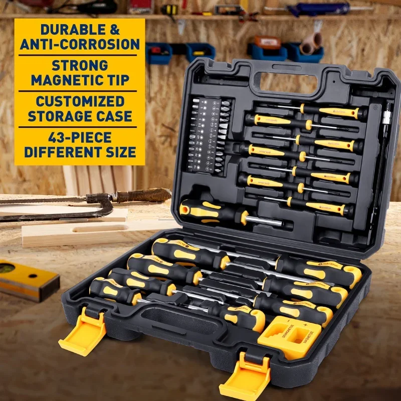 43pcs Professional Magnetic Screwdriver Set with Chrome Vanadium Steel Slotted Phillips Hex Torx Bits Precision RodDurable Case