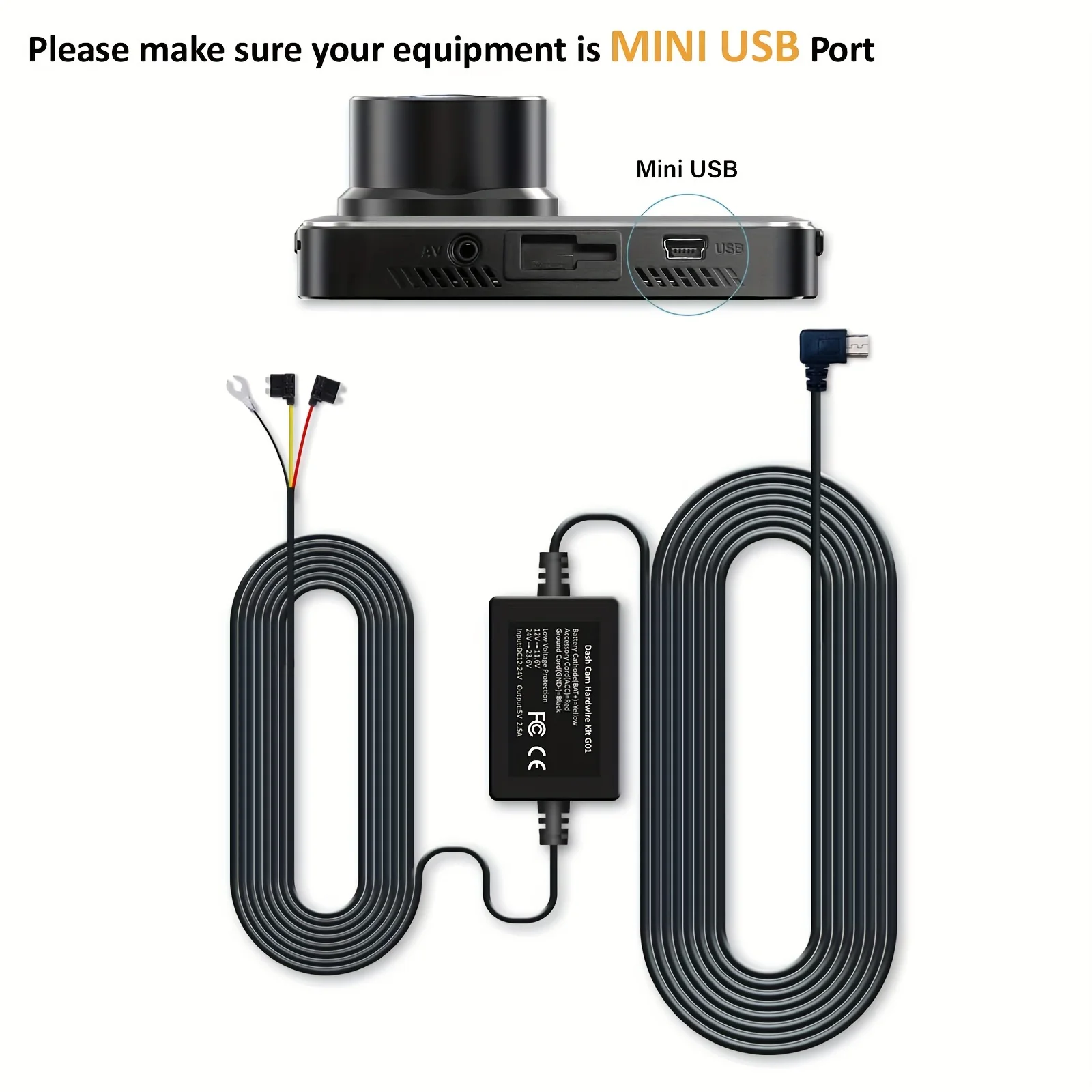 24/7 Parking Monitor & Time-Lapse Recording Dash Cam Hardwire Kit - 12V-24V To 5V/2A Mini USB Interface (11.5ft Length)