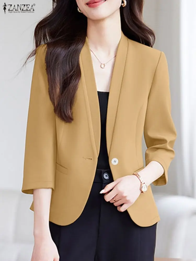 Zanzea escritório feminino outwears outono cardigan elegante blusa de trabalho 2025 elegante decote em v manga longa camisa de escritório sólido casacos finos
