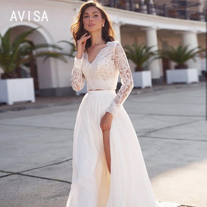 Boho 2 Pieces Wedding Dress V-Neck Long Sleeve Lace Chiffon Side Slit Bohemian Beach Bridal Gown Full Back vestidos de novia