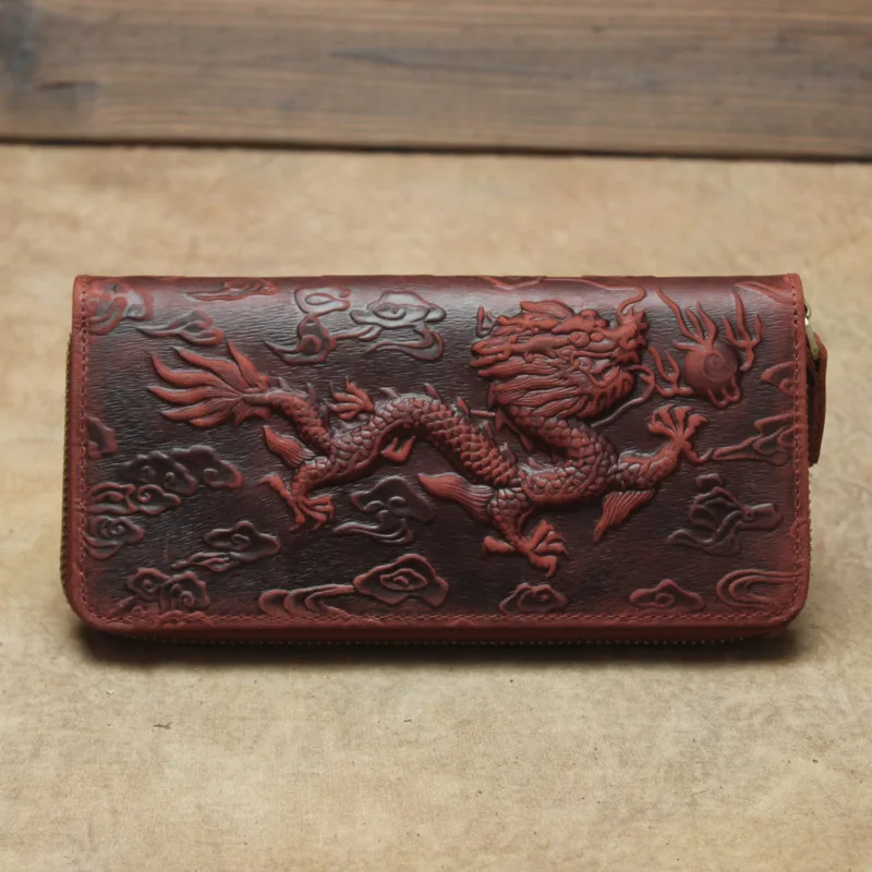 Gagacia New Retro Embossed Wallet Dragon Pattern Long Men Card Holder Handmade Purse Chinese Style Creative Design Wallet Unisex