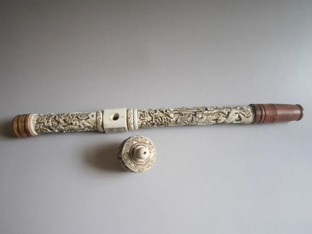 Collectibles Decorated Chinese handwork Carved Dragon old long smoking pipe