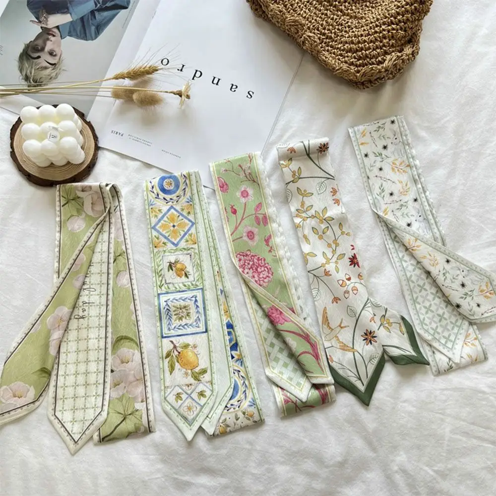 

Trendy Versatile Satin Silk Ribbon Scarf Long Thin Narrow Hair Tie Fresh Floral Bag Strap for Women