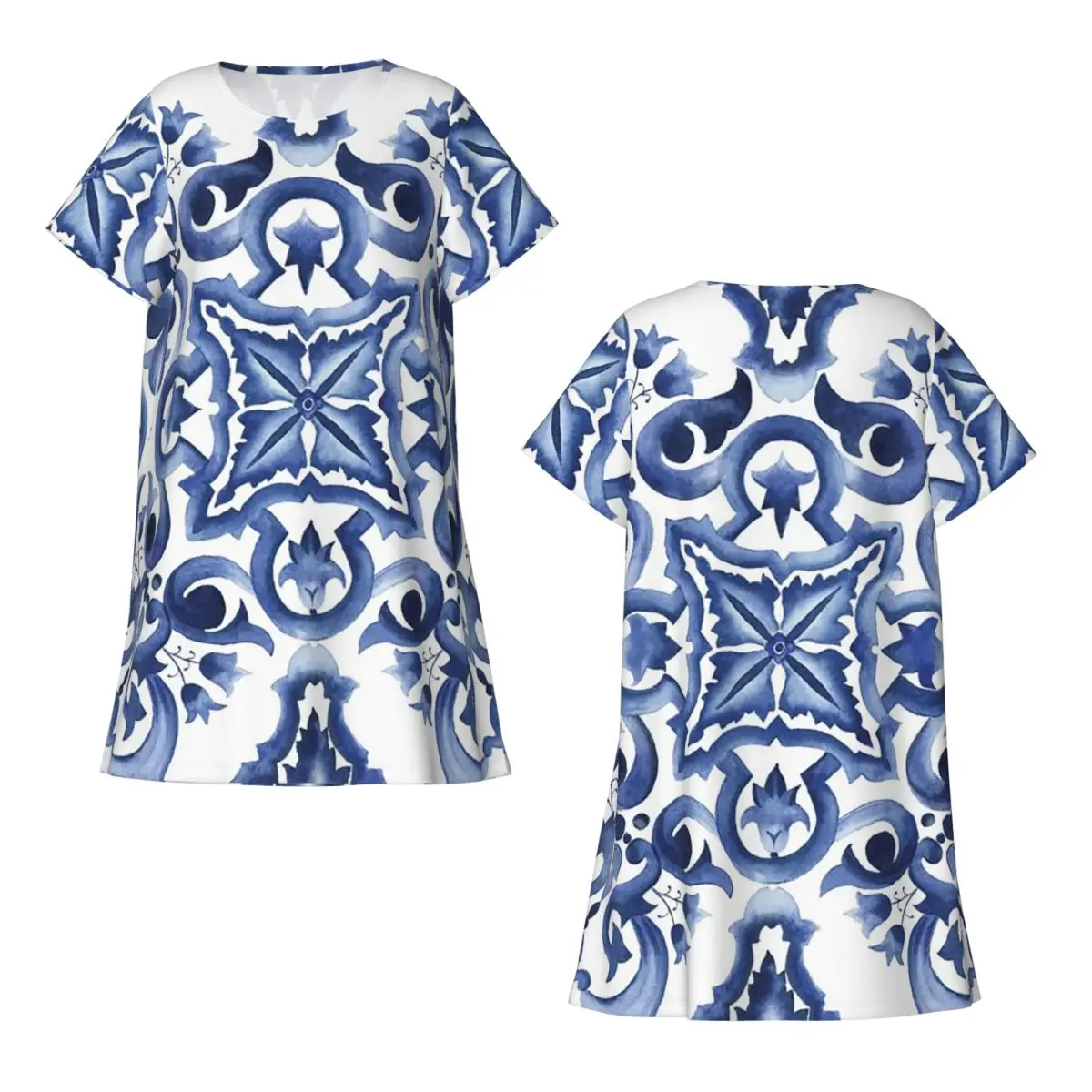 Blue Ornate Floral Mediterranean Sicilian Tile Short Sleeves Nightdress For Sleeping Women Short Sleeve Nightgowns Pajama Dress