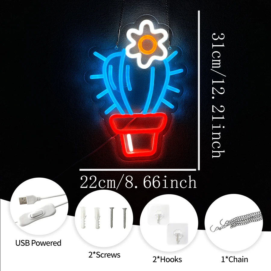 Cactus Neon Sign Potted Neon Light Cactus With a Flower LED Light Sign Plant Sign Houseplant Decoration Neon Aesthetic Decor
