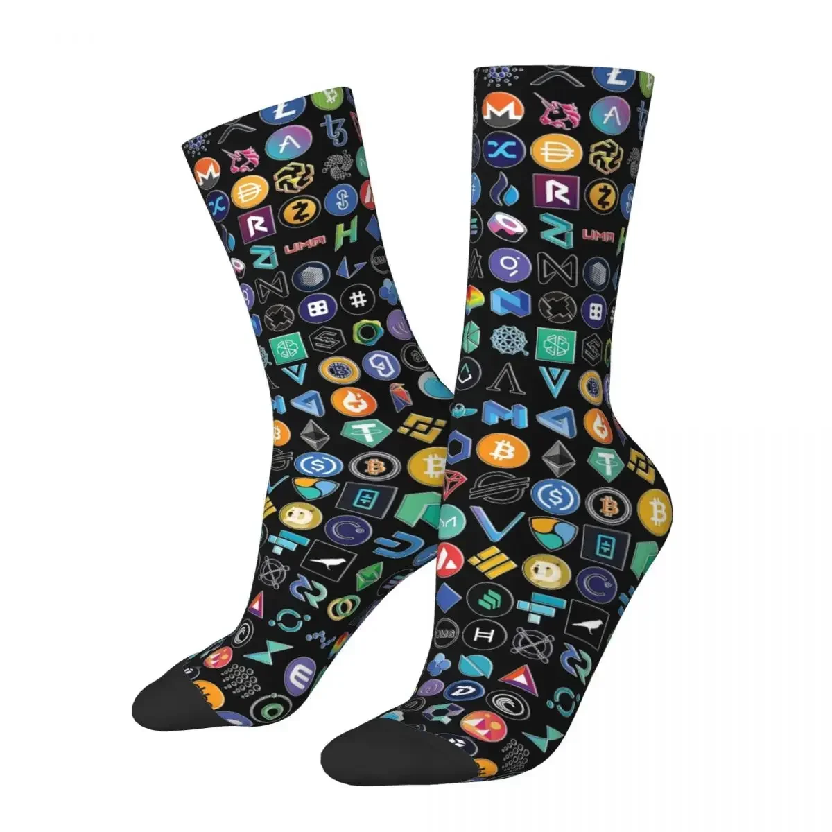 Crypto Logos 3D On Black Socks Harajuku High Quality Stockings All Season Long Socks Accessories for Man Woman Birthday Present